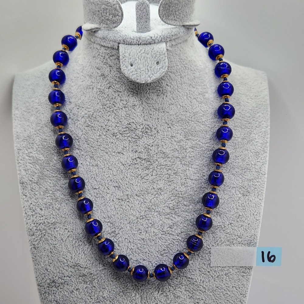 Vintage Cobalt Blue Foil Glass Bead Necklace Gold Tone Venetian Murano Style 16"
